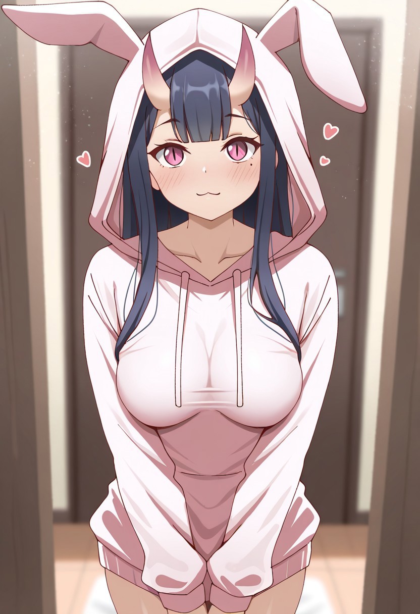 masterpiece, cute, lovely, newest, absurdres, (best quality:1.3), amazing quality, very aesthetic, 1girl, solo, high_resolution, hq, 4k, BREAK. high gradient eyes, very cute, light particles, cute details, cute colors, mature woman, (Poa_Mellhen_Style), oni, oni horns, dark blue hair, straight hair, very_long_hair, blunt bangs, pink eyes, slit pupils, (medium breasts:1.2), sagging_breasts, :3, ahoge, BREAK, in the style of cksc, depth of field,detailed background, volumetric lighting,godrays, detailed eyes,expressive eyes,highres, blurry, heart, long_sleeves, looking_at_viewer, mole ,mole_under_eye, sharp_maker, cinematic lighting, detailed clothes, vivid colors, fine texture, harajuku cat ear jacket, hoodie, hood up, rabbit ears,