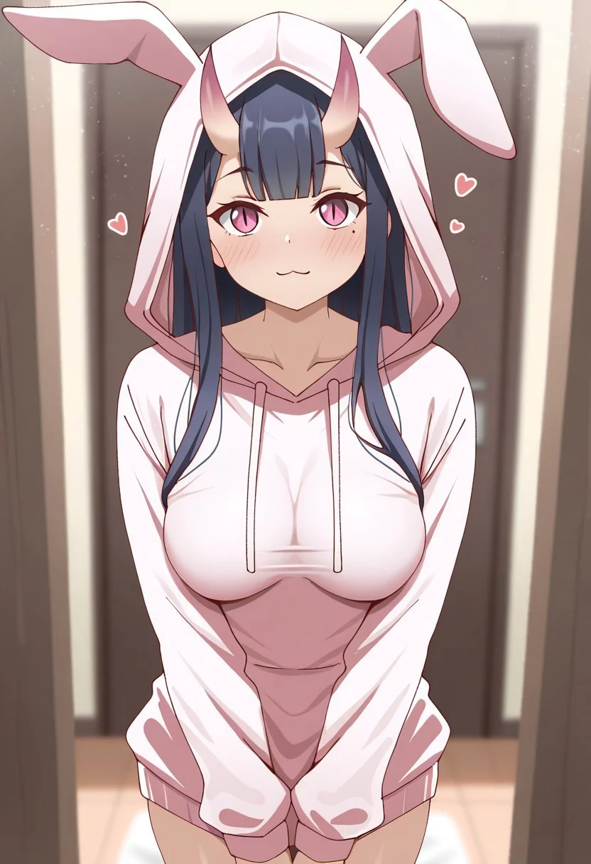 masterpiece, cute, lovely, newest, absurdres, (best quality:1.3), amazing quality, very aesthetic, 1girl, solo, high_resolution, hq, 4k, BREAK. high gradient eyes, very cute, light particles, cute details, cute colors, mature woman, (Poa_Mellhen_Style), oni, oni horns, dark blue hair, straight hair, very_long_hair, blunt bangs, pink eyes, slit pupils, (medium breasts:1.2), sagging_breasts, :3, ahoge, BREAK, in the style of cksc, depth of field,detailed background, volumetric lighting,godrays, detailed eyes,expressive eyes,highres, blurry, heart, long_sleeves, looking_at_viewer, mole ,mole_under_eye, sharp_maker, cinematic lighting, detailed clothes, vivid colors, fine texture, harajuku cat ear jacket, hoodie, hood up, rabbit ears,