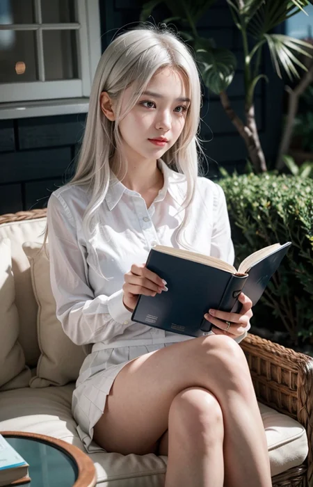 cinematic photo break. white hair,
"A close-up portrait of a 17-year-old girl with flowing white hair, sitting attractively with her legs crossed while reading a book. She is wearing a crisp white shirt and a stylish pink school uniform mini skirt. The scene takes place in a bright and relaxed atmosphere, reminiscent of a wonderful life by the Aegean Sea, with sunny weather in the background featuring a blue roof and white walls. Her expression is focused and content as she immerses herself in the book, with her white hair cascading around her, creating a cozy and inviting ambiance."
<lora:Better_Pose:1> <lora:fluxenhancer:1> <lora:sparklycism:1>, <lora:Tangbohu_real_style_FLUX_type_A:1>, 35mm photograph, film, (bokeh:1.3), professional, 4k, highly detailed