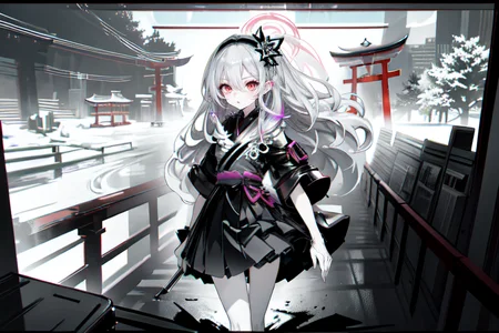 highly insanely detailed, masterpiece, top quality, best quality, highres, 4k, 8k, RAW photo, (very aesthetic, beautiful and aesthetic),  
(rsef style,fevercell style),futuristic_landscape, 
<lora:rsef-000225:0.8>, 
(1girl:1.3), 
1other, 
 enchantress dress,  wedges,  pelican case (protective case) ,ice skater wearing a pastel gray rhinestone-studded top, velvet mini skirt with zipper details, black ice skates with stylish accents, shimmering lip gloss, crystal brooch, 
, 
short hair with long locks,Blowing hair in the strong wind,mechanical hair, metallic hair, chrome,,hair over eyes,abstract representation of the girl in her flowing hair,hair ornament,hairband, 
, 
torii,toriibg,multtorii,sunlight_through_torii,urban_torii,red torii,vermilion_torii,tree,mystical_pathway,shinto_shrine_entrance,lightning,lightning bolt,Dusk,twilight,a colorful background,(fluid color background:1.2), 
,âââ