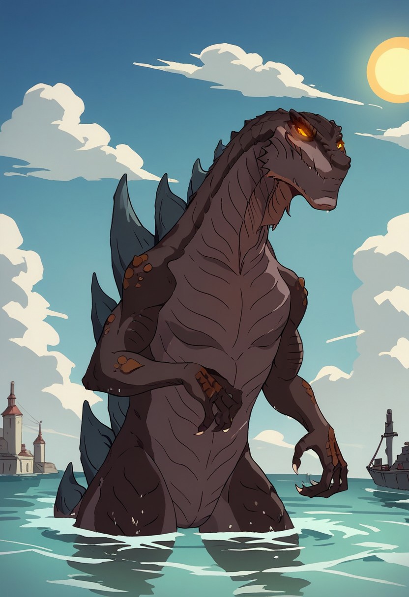 score_9, score_8_up, score_7_up, cowboy shot, Evil Dead style, godzilla_TAS, glowing eyes, scales, upper body, wading, shallow water, blue sky, white clouds, miniature dock, scenery, day, yellow sun,