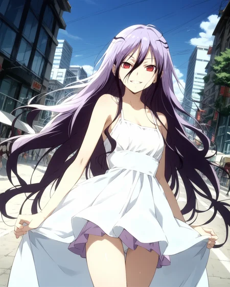 score_9,score_8_up,score_7_up,source_anime BREAK
day,city,
Setsura,solo,1girl,red eyes,black hair,purple hair,
white,dress,summer_dress,microskirt,
standing,smile,looking_at_viewer,<lora:Setsura_PONY>,
