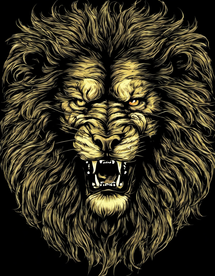 metal_tee,   a large, angry lion, vector digital illustration, (black background:1.5) <lora:metal_tee_sdxl:1>
