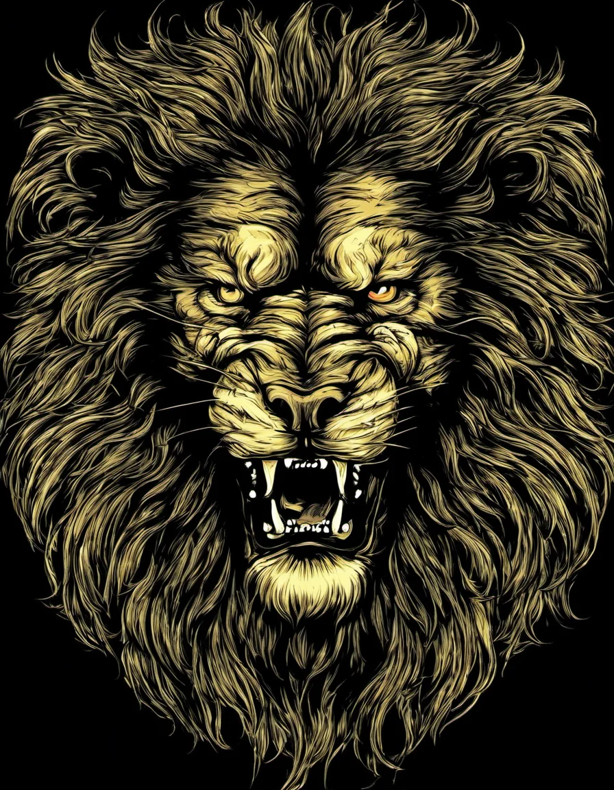 metal_tee,   a large, angry lion, vector digital illustration, (black background:1.5) <lora:metal_tee_sdxl:1>