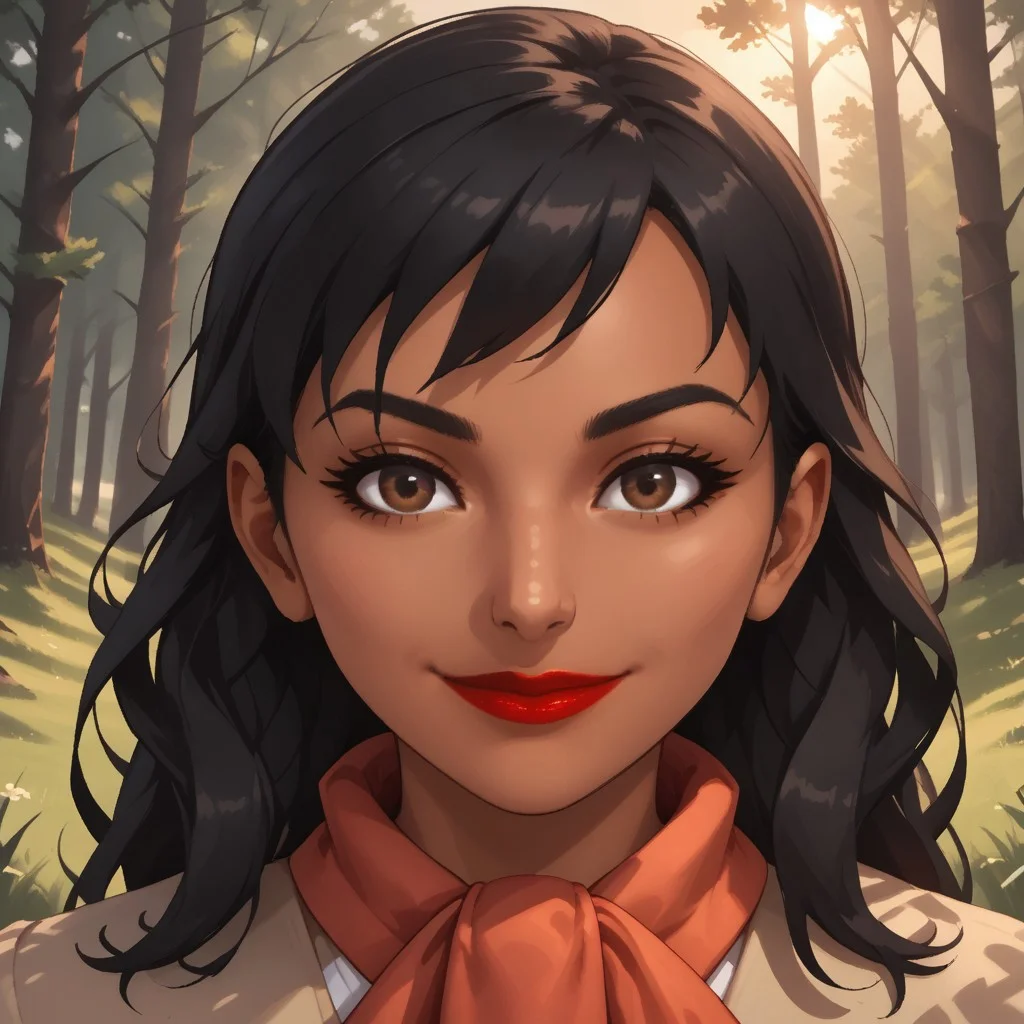 score_9, score_8, BREAK, solo, Cristina_WSC, black hair, brown eyes, dark skin, red lips, dark skin female, sexy pose, self portrait, smile, outdoors, sunlight, shadows, evening lighting, natural lighting, forest, trees, grass, orange sky, sunset