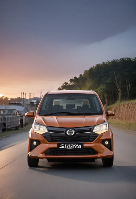 high resolution, best quality, Car, Daihatsu Sigra, Industrial dockyard, cargo containers, dusk,