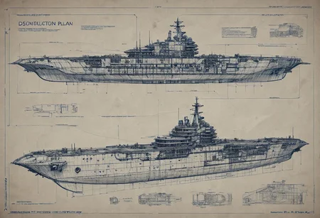 construction plan with blue thin lines for a huge dreadnought ship with 6 floors sketch style high def,  with instructions and descrption of each parts