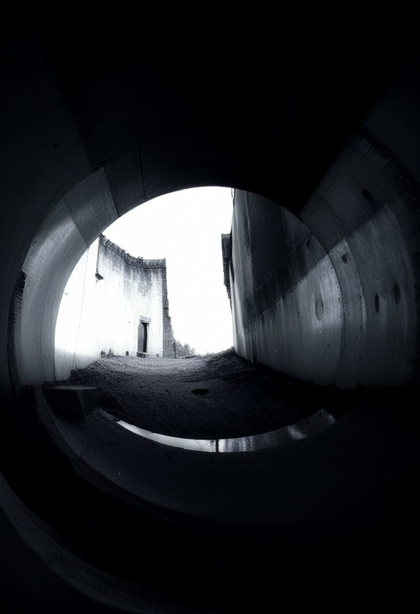 detailxl, 80sc1nemat1c5tyle, creamy bokeh, black and white, colorless, monochrome, BREAK, sinkhole, dark, darkness