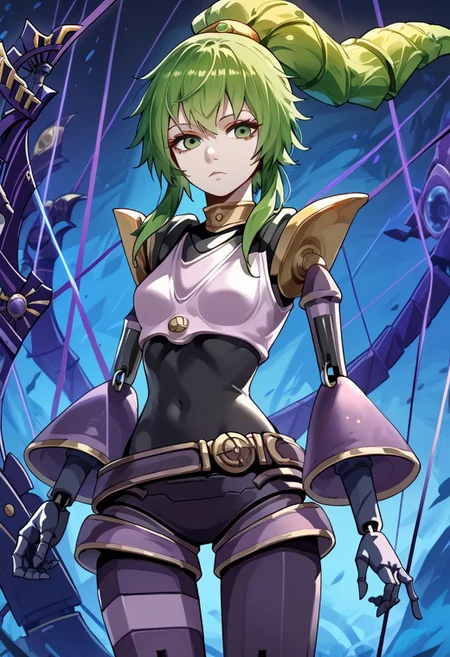 score_9, score_8_up, score_7_up, winda, 1girl, joints, duel monster, doll joints, green eyes, green hair, ponytail, solo, puppet strings, looking at viewer, expressionless