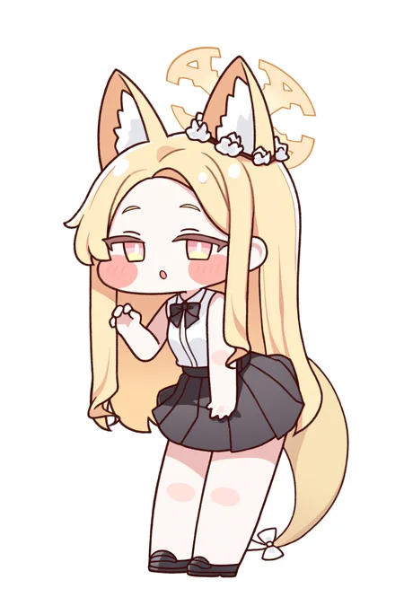 (trickcalcg), (chibi, chibi only:1.3), blush, blush stickers, 4 fingers, 
blue archive, seia \(blue archive\), 1girl, :o, alternate costume, animal ear fluff, animal ears, artistic error, black bow, black bowtie, black shoes, black skirt, blonde hair, blush, bow, bowtie, breasts, bright pupils, casual, claw pose, collared shirt, cross halo, extra ears, forehead, fox ears, fox girl, fox tail, full body, halo, leaning forward, loafers, long hair, looking at viewer, miniskirt, no socks, open mouth, parted bangs, pink eyes, pleated skirt, shirt, shoes, sidelocks, simple background, skirt, sleeveless, sleeveless shirt, small breasts, solo, standing, straight hair, tail, tail bow, tail ornament, very long hair, watermark, white background, white bow, white pupils, white shirt, yellow halo, close-up, 
masterpiece, best quality, absurdres, highres, newest, very awa, 