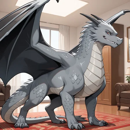 1boy, highres, absurdres, newest, masterpiece, best quality, furry, furry_male, maverick_awsw, dragon, gray scales, tail, scales, claw, wings, red eyes, (quadruped, feral:1.3), detailed eyes, (standing:1.1), angry, smirking, luxurious detailed room, bright room, day scene, professional lighting, white room, solo, bedroom, smiling, looking_at_viewer, masterpiece, close up, safe