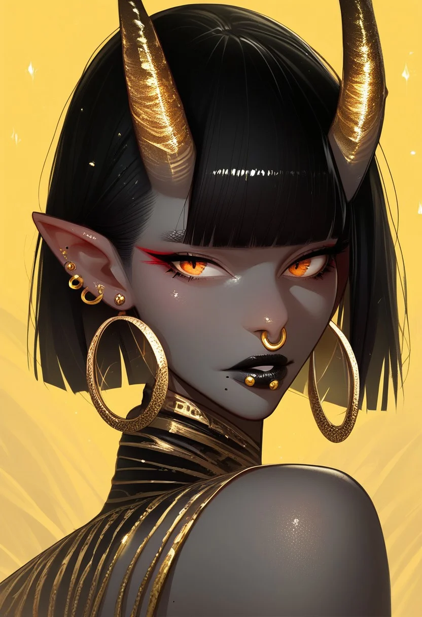 score_9, score_8_up, score_7_up,
c0l0r1f1c4t10ng0ld,ColorificationGold,Colorification Gold, 1girl, solo, looking at viewer, short hair, bangs, black hair, jewelry, earrings, parted lips, horns, pointy ears, looking back, dark skin, blunt bangs, mole, dark-skinned female, lips, orange eyes, makeup, colored skin, piercing, lipstick, ear piercing, portrait, mole under mouth, yellow background, oni horns, hoop earrings, grey skin, black lips, nose piercing, lip piercing