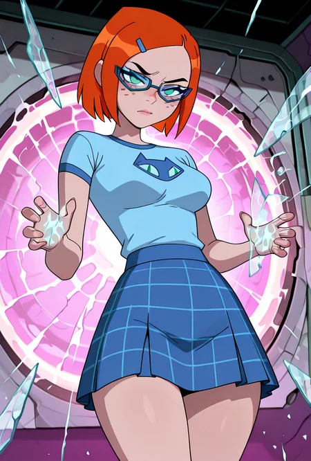 <lora:gwennerd-10:1> gwennerd, 1girl, solo, medium breasts, glasses, orange hair, short hair, hairclip, blue-framed eyewear, blue shirt, short sleeves, freckles, blue skirt, plaid skirt, green eyes,    <lora:Shatter_magic:1> shatter, glowing crack on air,   crack on air, cracked glass,  , shockwave, masterpiece, best quality, amazing quality, very aesthetic, absurdres, newest,