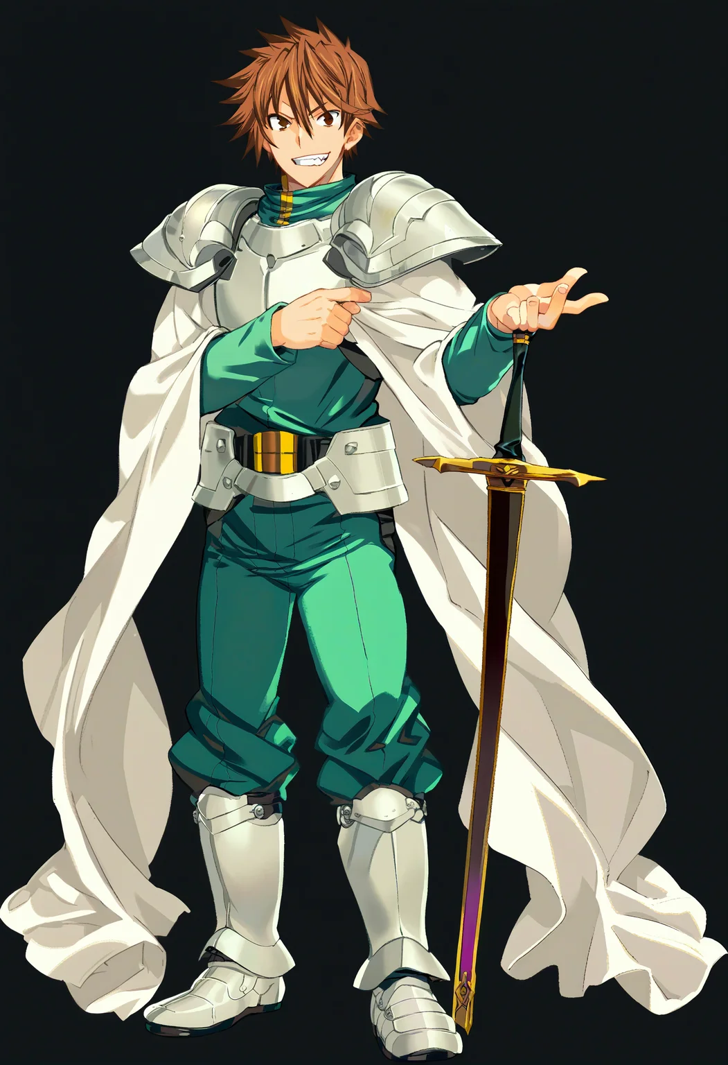 (score_9:1.1),score_8_up,score_7_up,score_6_up,source_anime,<lora:Cool_Rance_XL_V2:1>,solo,1boy,full body,standing,pose,looking at viewer,brown hair,short hair,grin,brown eyes,spiked hair,hair between eyes,armor,green clothes,long brown leather boots,white cape,holding sword,simple background,black background,