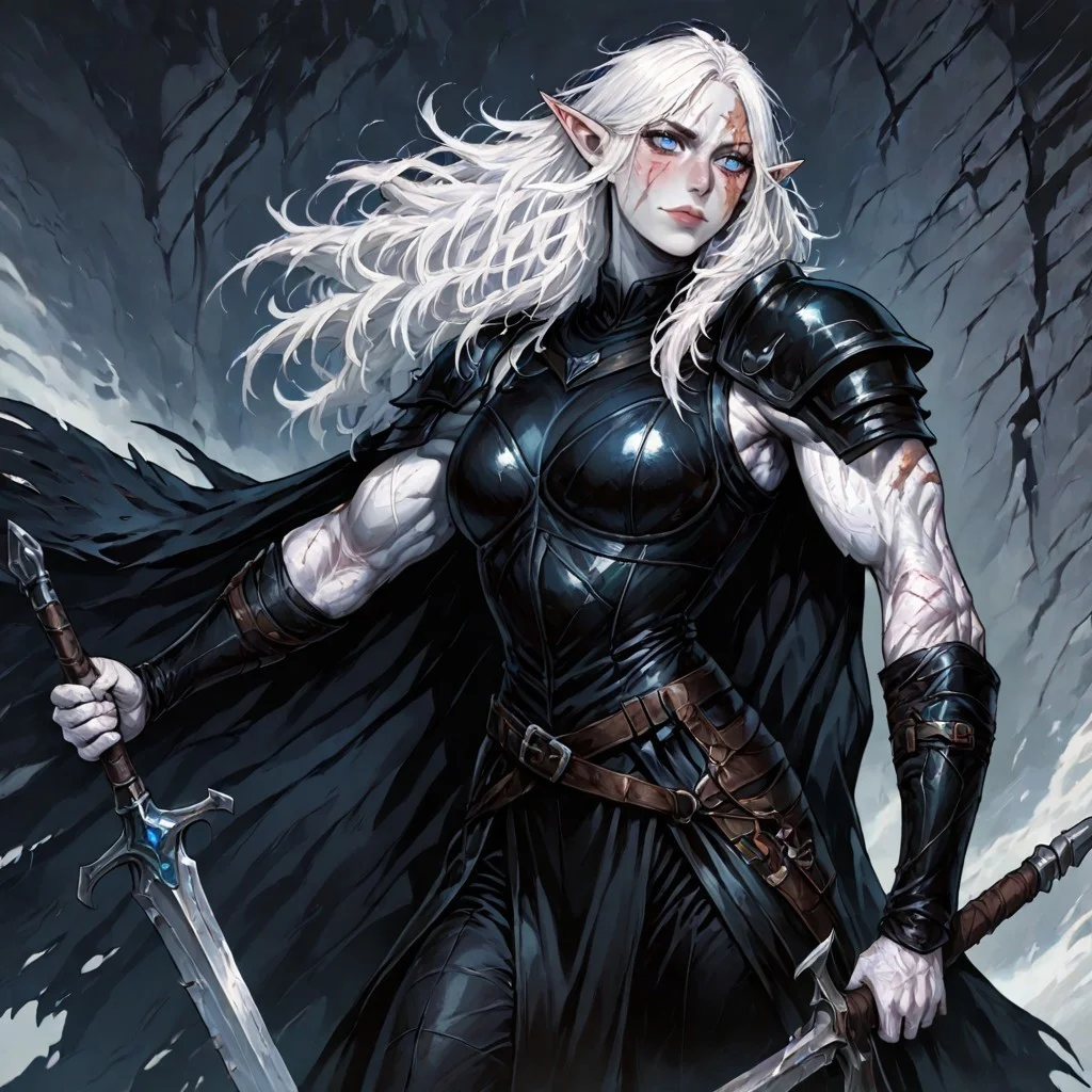 masterpiece, best quality, newest, absurdres, highres, DPWSV1.0, dynamic pose, holding sword, holding, holding weapon, weapon, sword,
1girl, MIRV1.0, pale, white skin, blue eyes, colored skin, toned, muscular, toned female, white hair, elf, pointy ears, scar, scar on face,
armor, cape, shoulder armor, black leather,