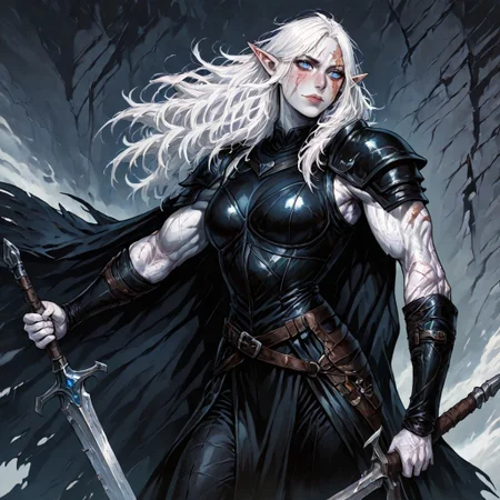 masterpiece, best quality, newest, absurdres, highres, DPWSV1.0, dynamic pose, holding sword, holding, holding weapon, weapon, sword,
1girl, MIRV1.0, pale, white skin, blue eyes, colored skin, toned, muscular, toned female, white hair, elf, pointy ears, scar, scar on face,
armor, cape, shoulder armor, black leather,