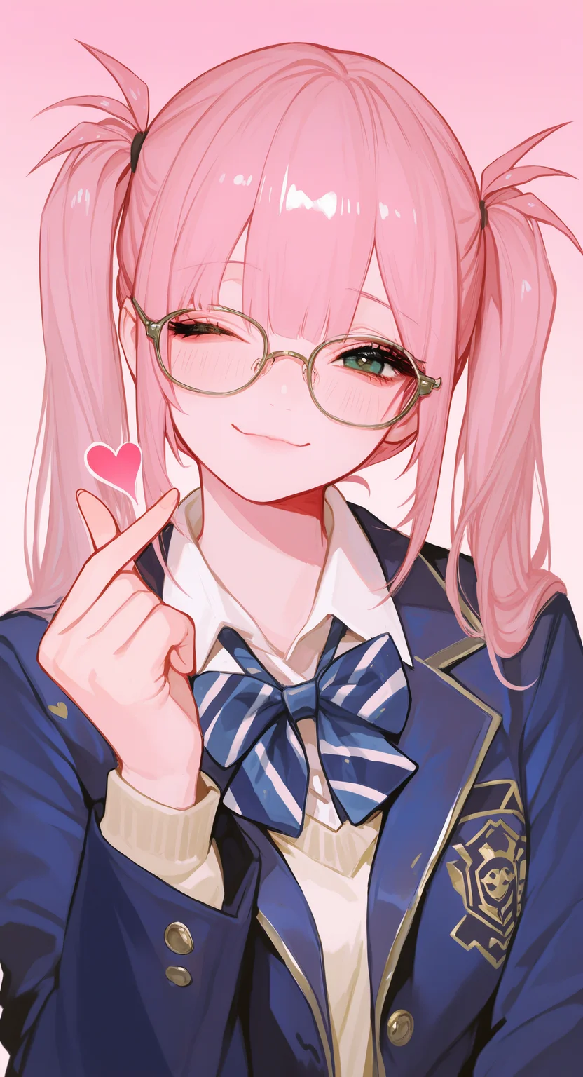 masterpiece, best quality, good quality, very aesthetic, absurdres, newest,  mizi (alien stage), 1girl, blue jacket, bow, bowtie, closed mouth, collared shirt, diagonal-striped bow, diagonal-striped bowtie, diagonal-striped clothes, finger heart, glasses, gradient background, green eyes, head tilt, heart, jacket, official alternate costume, one eye closed, pink background, pink hair, portrait, school uniform, shirt, smile, solo, striped clothes, white shirt,Twin ponytails <lora:ponyv5_noobV065S_1_adamW-000013:0.7> <lora:USNR_STYLE_XL_lokr:0.45> <lora:745cmSDXLvpred75S:0.8>