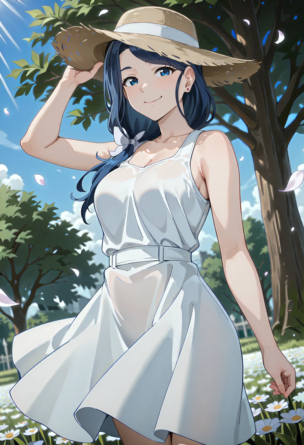 best quality, amazing quality, perfect quality, high quality, masterpiece, absolutely eye-catching BREAK
<lora:Shangri-La_Frontier_-_Eika_Hizutome:1> ShangriEika, blue eyes, blue hair, long hair, low ponytail, loosely tucked bangs, hair ribbon, stud earrings, medium breasts BREAK
white dress, straw hat BREAK
outdoors, grass, flower field, falling petals, wind, sunbeam, hand on headwear, looking at viewer, smile, dutch angle, cowboy shot