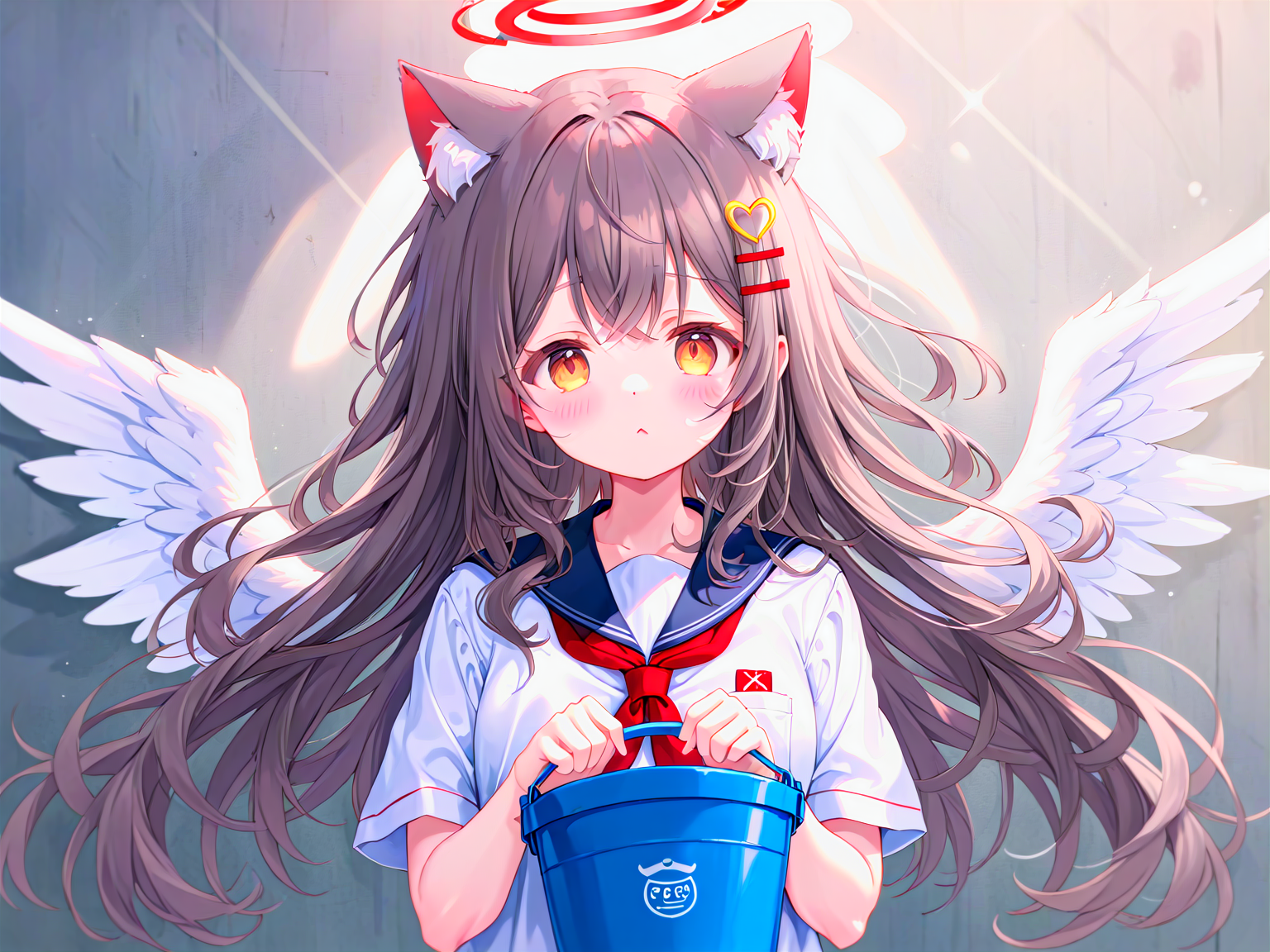 Draw wavy hair, angel wings, angel halo, school uniform and cat ears with {{{{{do not fill}}}}} bucket