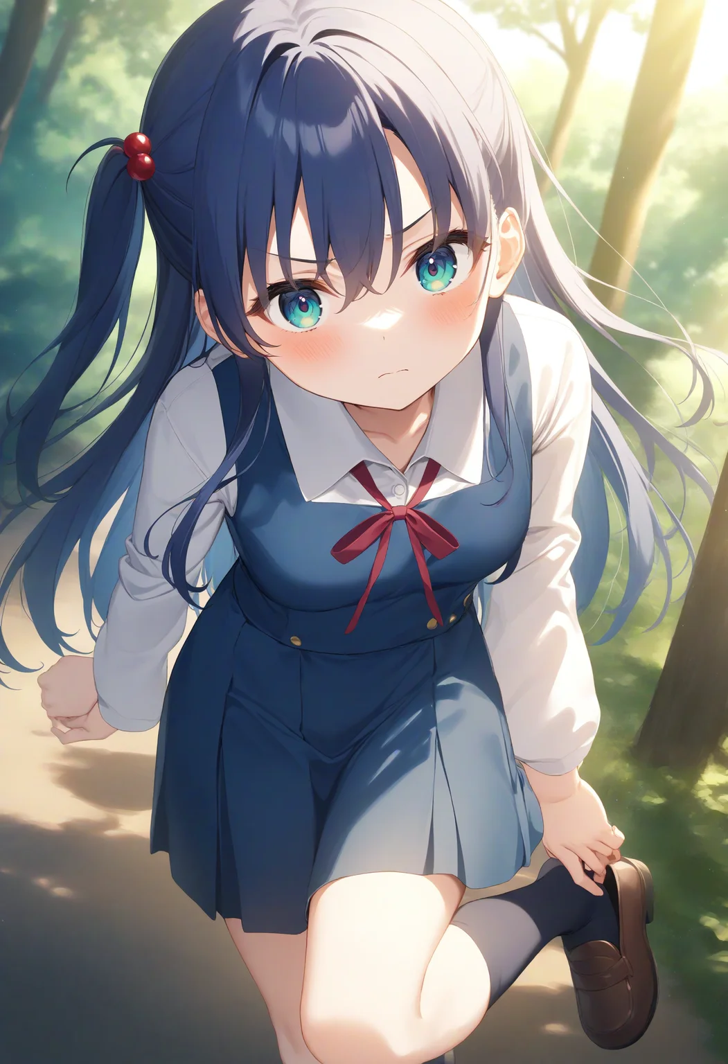 1girl,sincos, ningen mame, toosaka asagi,solo,medium breasts,school uniform,
adjusting footwear,adjusting clothes,putting on shoes,shoes,<lora:adjustingfootwear_XL_v1:0.8>
from above, cowboy shot, looking to the side, blue hair, green eyes,serious, forest, closed mouth, one side up hair,,
best quality, very aesthetic, absurdres