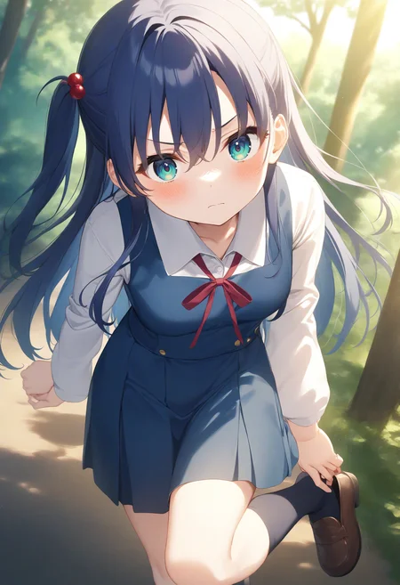 1girl,sincos, ningen mame, toosaka asagi,solo,medium breasts,school uniform,
adjusting footwear,adjusting clothes,putting on shoes,shoes,<lora:adjustingfootwear_XL_v1:0.8>
from above, cowboy shot, looking to the side, blue hair, green eyes,serious, forest, closed mouth, one side up hair,,
best quality, very aesthetic, absurdres