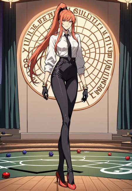 safe_pos, score_9, score_8_up, score_7_up, 1girl, night, indoor, in a casinò, full body, dynamic shot, from high, long legs standing behing a poker table, green table, solo, dynamic pose, Feng Ling, orange hair, red eyes, medium breast, long hair, ponytail, black pants, white shirt, long sleves shirt, black gilet, black neck tie, red heels, gold slim bracelets, black gloves, looking at the viewer, long legs, nice legs, white hips ultra detailed, masterpiece, <lora:add-detail-xl:1>, <lora:StS_PonyXL_Detail_Slider_v1.4_iteration_3:4>