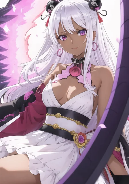 1girl, wano_style_30000, white_hair, fire, a girl with white hair and blue eyes wearing a white dress and black wings in front of a dark background with fire behind her, bare_shoulders, closed_mouth, dark-skinned_female, ((dark_skin)), hoop_earrings, long_hair, looking_at_viewer, purple_eyes, star_eyes, solo, upper_body, white_hair, (((masterpiece))), ((best quality)), (extremely detailed), watercolor, illustration, depth of field, sketch, dark intense shadows, sharp focus, soft lighting, hdr, colorful, good composition