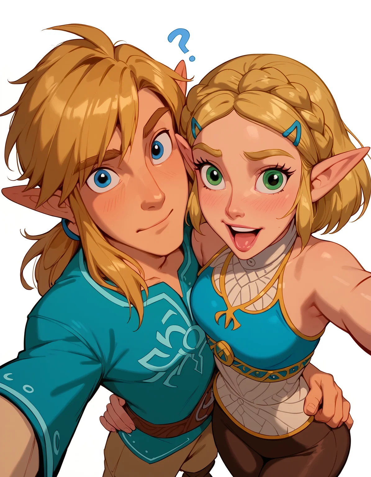 <lora:Disney_Style:.9> <lora:princess_xl_v2:.75> <lora:add-detail-xl:.9> <lora:g0th1cPXL:.3> <lora:Cherry-Gig:.45> <lora:Expressive_H:1> <lora:PLASTT_PonyV6:1> score_9, score_8_up, score_7_up, zPDXL, DisneyRenstyle, score_9,score_8_up,score_7_up,score_6_up, score_9, score_8_up, score_7_up, 1 girl, 1 guy, couple, Princess Zelda, Link, BOTW, Breath of the Wild outfit, elf ears, pointy ears, white background, plain background, ambient lighting, standing, blue tunic, (selfie pose, selfie pov, high angle, 3/4 view), 
couple, 1 girl, princess zelda, intricate hair, messy side braid, excited expression, laughing, small breasts, wide eyes, narrow hips, petite, skinny, slender, standing, (breath of the wild outfit, blue tunic, black leggings), wide eyes, (selfie pose, arm outstretched for selfie pose, making peace sign), 
couple, 1 guy, Link, elf, pointy ears, (Breath of the Wild outfit, blue tunic, brown trousers), fit, athletic, confused expression, question marks, mouth closed, wide eyes, (one hand on own hip, one hand behind own head),