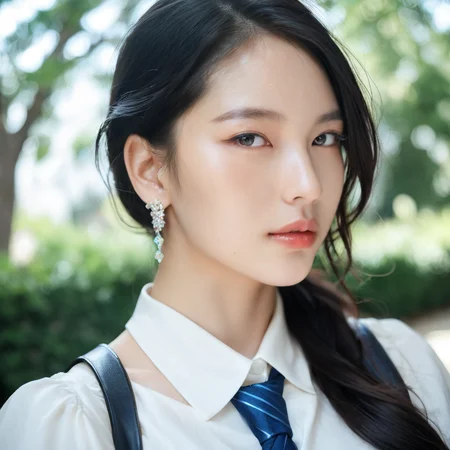 <lora:NamikoPonySRV203:1>, :Namiko, <lora:add-detail-xl:0.5>, [10]a stunning real medium breasts Korean woman with long, flowing dark hair, her piercing gaze directly addressing the viewer. score_9, score_8_up, score_7_up, 4k, high quality, (best quality:1.1), realistic, photorealistic, close-up, upper body, (ultra HD quality details), High Fashion, A highly detailed, realistic digital photo of a Korean woman 28yo with a pale complexion, emphasizing her enigmatic and mystical aura,, high resolution, rich textures, and contemplative mood. Her eyes are a deep piercing and  brown, dynamic, dramatic, haute couture, elegant, ornate clothing, dark straight hair with a few loose strands framing her face, against a cyan gradient background, Realistic photograph, Movie light, film grain, necktie, skirt, ponytail, school uniform, shirt, looking at viewer, outdoors, white shirt, blue skirt, tree, cosplay, belt,