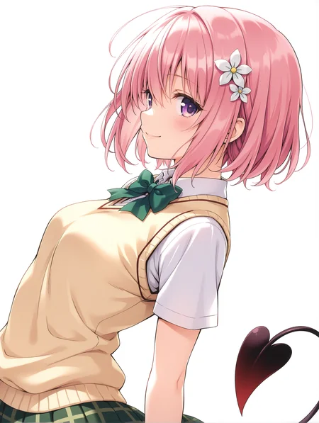 masterpiece,best quality,newest,
1girl,solo,
<lora:momo_ilxl_v2.4:0.8>,momo,pink hair,purple eyes,short hair,white flower hair ornament,demon tail,
m_clothes,green bowtie,white shirt,sweater vest,short_sleeves,green plaid skirt,
<lora:Fixhands_anime_bdsqlsz_V1:1>,upper_body,profile,looking_at_viewer,smile,light_blush,white_background,simple_background,