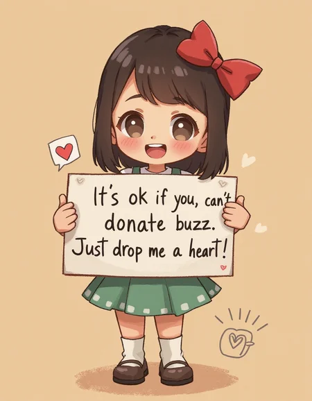 A cute girl holding a sign "It's ok if you can't donate buzz. Just drop me a heart!"
<lora:cutepaint1a:0.5> digital painting