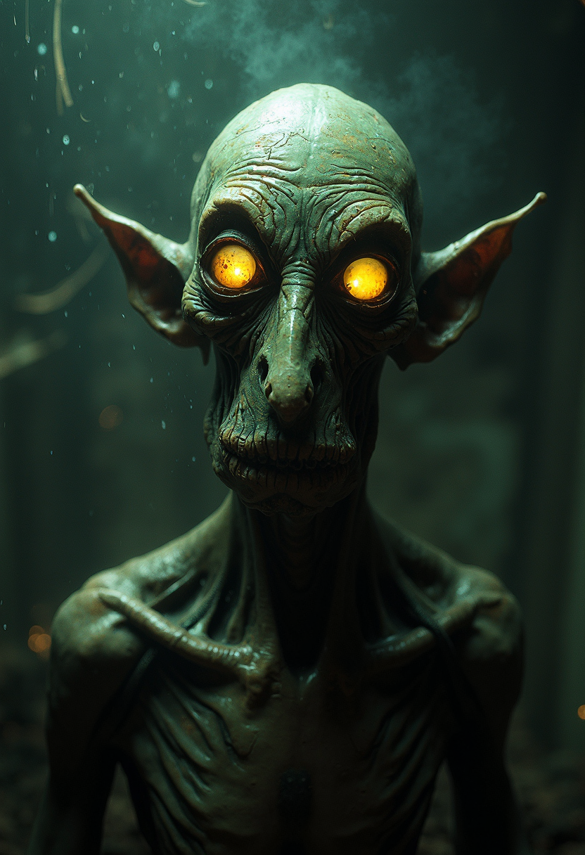 Imagine a twisted, nightmarish being with an exceptionally flat, narrow nose and sunken, yet intensely bright yellow eyes that seem to burn with an otherworldly energy. Its form is a blend of humanity and some unseen, eldritch horror, as if born from dark, foreboding mists that have taken on a life of their own. Capture this creature in exquisite, cinematic detail, with every texture, muscle, and fiber revealed in hyperrealistic, awe-inspiring precision. The atmosphere around it is heavy with an unsettling, malevolent presence that seems to seep into the very soul, as if it has been summoned from some ancient, long-forgotten tome of forbidden knowledge.
