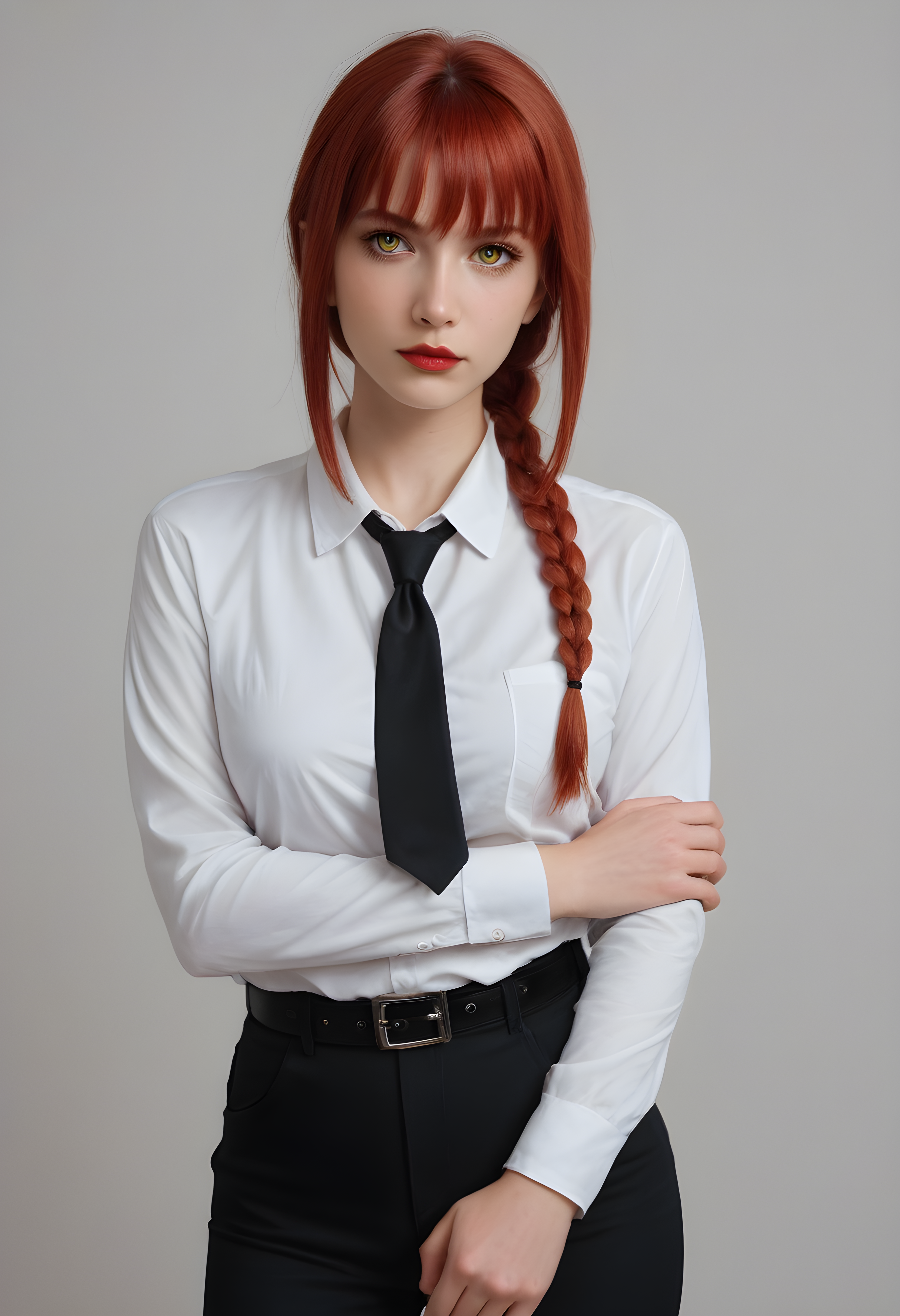 score_9, score_8_up, score_7_up, BREAK, The image shows a woman with long red hair wearing a white shirt and black tie, posing for a picture against a white background. realistic, makima \(chainsaw man\), 1girl, solo, long hair, looking at viewer, bangs, simple background, shirt, long sleeves, white background, closed mouth, yellow eyes, white shirt, braid, sidelocks, red hair, cowboy shot, necktie, collared shirt, belt, pants, grey background, black pants, own hands together, black necktie, buckle, black belt, braided ponytail, belt buckle, red lips, ringed eyes,  photo, real hair, detailed skin, highly detailed, detailed skin, film grain, <lora:zy_AmateurStyle_v2:0.45>