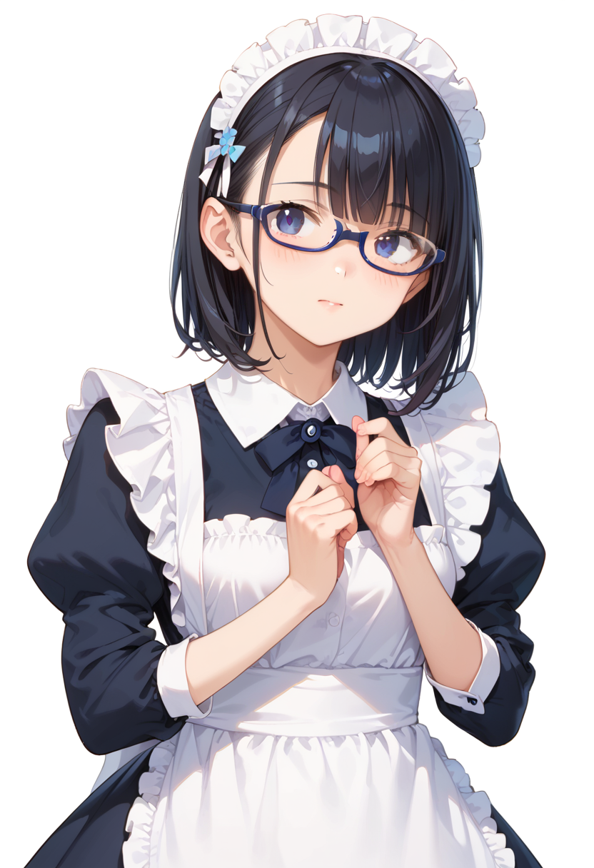 score_9, score_8_up, score_7_up, rating_safe, masterpiece, best quality, absurdres, unity 8k wallpaper, official art, official style, source_anime, uncensored, game cg, megami magazine,
1girl, solo, black hair, medium hair, upper body, covered eyes,maid, maid headdress, black dress, maid apron, face focus,
underrim_cell, glasses, still life, white background, simple background, under-rim eyewear, blue-framed eyewear, 
 <lora:glasses_underRimCell_PONY_V1:1>