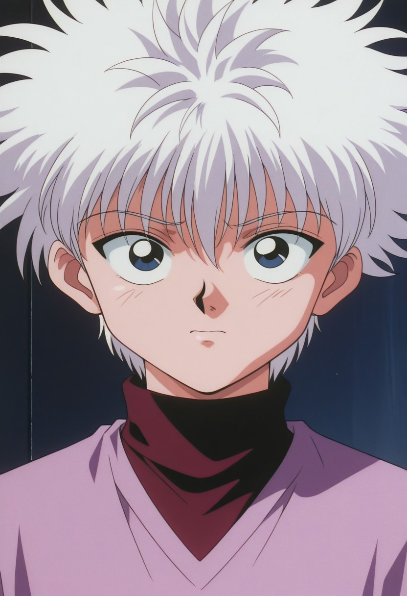 masterpiece,best quality,amazing quality, source_anime, retro_artstyle,
KiruaZorudikku, 1boy, male focus, solo, blue eyes, white hair, red shirt, turtleneck, purple shirt, portrait,