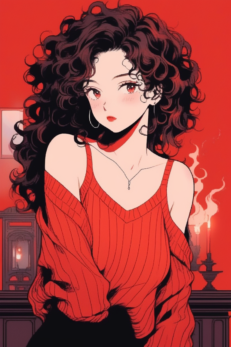 illustrator, bare shoulder,sexy, cleavage,1 girl,portrait, curly hair,simple background, lips, spark ,niji style, camisole, Pullover Sweater , realistic,in the villa, steamy, steam , sad,deep red gradient background, (masterpiece,best quality)
