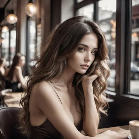 Photography:2.3, young woman sitting nude:1.9 at coffe shop, slim waist, Perfect Hands, dark:1.7, desaturated (low conrast:2.3), cinematic light, caucasian ethnicity, very long big hair