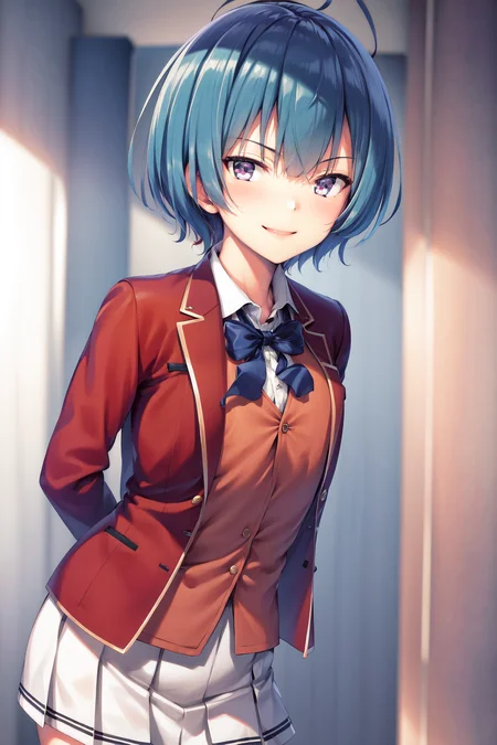 masterpiece, best quality, highres, 1girl ibuki mio short hair blue hair, white skirt red jacket open jacket <lora:ibuki_mio:1> smile, standing, leaning forward, arms behind back, indoors