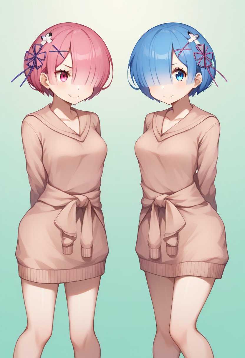 score_9,score_8_up,score_7_up,<lora:ram_rem_pony:1>,2girls,arms_behind_back,bad_id,bad_pixiv_id,blue_eyes,blue_hair,contemporary,frown,green_background,hair_over_one_eye,hand_on_own_hip,heart,medium_breasts,photoshop_\(medium\),pink_eyes,pink_hair,ram_\(re:zero\),rem_\(re:zero\),ribbon,sailor_dress,short_hair,sisters,small_breasts,smile,sweater_around_waist,twins,x_hair_ornament,