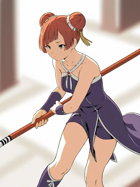Laufen,Laufen, solo, double bun, holding, dress, weapon, bare shoulders, holding weapon, boots, closed mouth, purple dress, breasts, collarbone, feet out of frame, bo staff, strapless, fighting stance, standing, strapless dress, knee boots, shorts, staff, blurry background, blurry