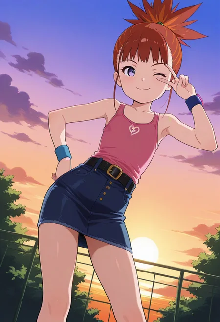 masterpiece, best quality, amazing quality,
<lora:RikaV2:0.8> rikanonaka, red hair, ponytail, two-tone hair, orange hair,
1girl, solo, small body, flat chest, purple eyes, one eye closed, winck, smile, closed mouth, looking at viewer,
BREAK
(collarbone, tight-fitting pink tank top, black belt, blue wristband, pink watch, blue denim skirt, bare legs), upper body,
BREAK
standing, (v over one eye, one eye closed, contrapposto, hand on own hip), outdoor, terrace, ((from below, sky, sunset, clouds)),