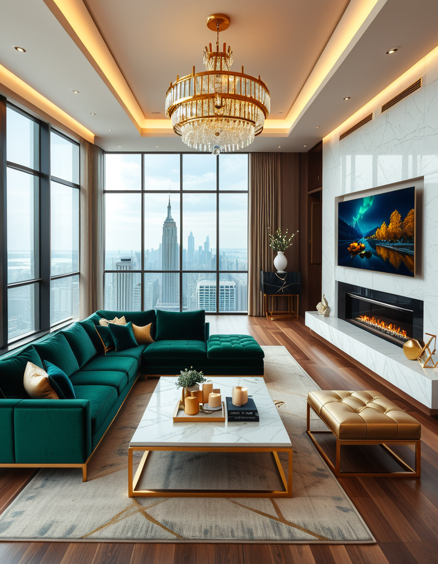 A lavish and modern luxury living room with a spacious open layout. The room features a grand chandelier with crystal details hanging from a high ceiling. Plush velvet sofas in deep emerald green and navy blue are arranged around a sleek marble coffee table with gold accents. The floor-to-ceiling windows allow natural light to flood the space, revealing a breathtaking city skyline in the background. A contemporary fireplace with a sculptural design adds warmth, while elegant artwork and designer decor pieces complete the sophisticated ambiance. The lighting is soft and ambient, creating a cozy yet opulent atmosphere.
<lora:SDXLFaeTastic2400:0.4> <lora:extremely_detailed:0.4> extremely detailed,  <lora:luxurious_l1v1ng_r00m:1>,luxurious l1v1ng r00m, Masterpiece,best quality,hi res,8k,hi res,8k,award winning,(sharp focus, intricate, highly detailed),