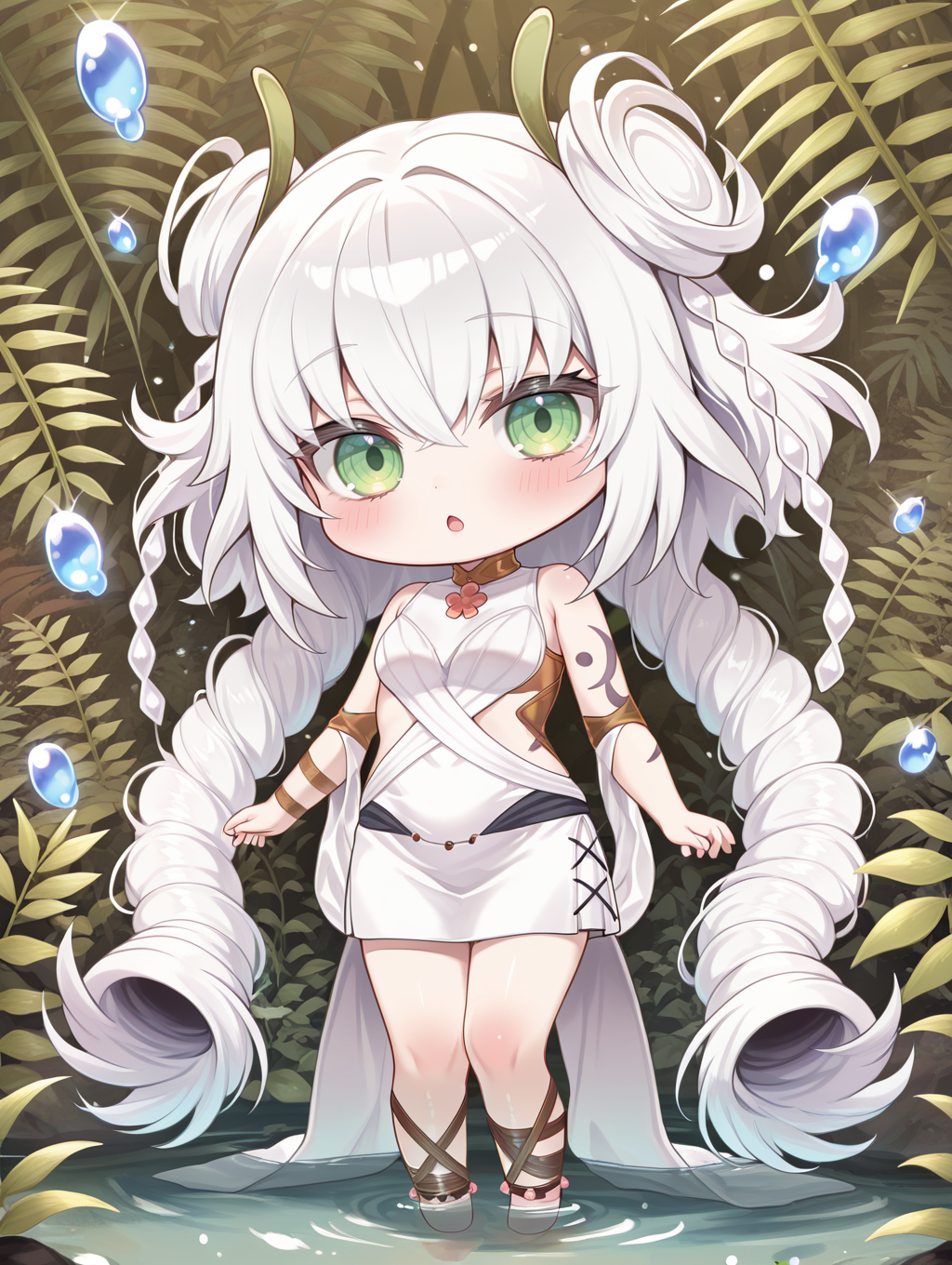 plant girl, traptrix genlisea, 1girl, solo, blush, looking at viewer, open mouth, :o, chibi,  full body, white sleeveless dress, brown armlet, brown legwear,plant,nature,water,wading,water drop,anklet,
masterpiece,best quality,amazing quality,very aesthetic,absurdres,newest,<lora:Traptrix Genlisea illuXL v1:0.76>,