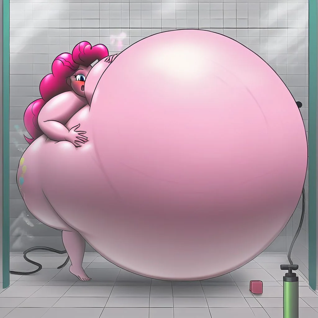 belly size bigger than main body)), (gigantic belly:2.0), goddess, shower, bathroom, cute, nervous, shy, heavy breathing, in heat, open mouth, aroused, hands on belly, hose leading into butt from air pump on ground, huge Belly press on mirror, Pinkie Pie, Equestria Girls