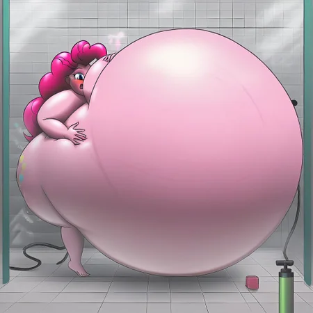 belly size bigger than main body)), (gigantic belly:2.0), goddess, shower, bathroom, cute, nervous, shy, heavy breathing, in heat, open mouth, aroused, hands on belly, hose leading into butt from air pump on ground, huge Belly press on mirror, Pinkie Pie, Equestria Girls