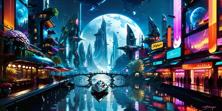 famous artwork by (stephan martiniere:1.3) and (alena aenami:1.3) and (beeple:1.3) BREAK a stunning futuristic utopian cityscape (at night:1.4) with all four elements represented and in balance, iluminated buildings, chiaroscuro, ultra detailed BREAK (night sky:1.4), galactic nebula, dark sky, moon, dramatic clouds BREAK (at night, city lights:1.4), the earth aspect is represented by futursitic vertical farms and skyscrapers with (wondrous hanging gardens:1.2), (planted facades:1.1), balconies with exotic flowers, cozy restaurant, lakeside BREAK (at night, city lights:1.4), the water aspect is represented by a serene lake surrounded by willow trees and sleek, architecture with flowing shapes, water lilies, aquatic plants, idyllic, a futuristic cyan glowing bridge connects the banks, glass bottom boat BREAK (at night, city lights:1.4), the fire aspect is represented by huge glowing neon signs in fiery colors, holographic advertisments and towering skyscrapers (shaped like flickering flames:1.1), lively, bustling commerce district, lakeside, crimson red, orange, yellow, black, pink, purple BREAK (at night, city lights:1.4), the air district with (thin, tall and ethereal:1.4) skyscrapers, (connected by elegant skywalks:1.2), it has shimmering (elegant floating structures that seem to defy gravity:1.1), flying vehicles, (floating platforms:1.2), glass, white, cyan, transparency <lora:midjourney_mimic-xl-by_andrexsel:0.5> <lora:more_artful-xl:0.5> <lora:extremely_detailed-detail_slider-v2-xl-by_ntc:1.0> <lora:dark_atmospheric_contrast-xl-by_zavy:1.0> <lora:envybetterhiresfixxl01-xl:0.0:hr=1.0>
