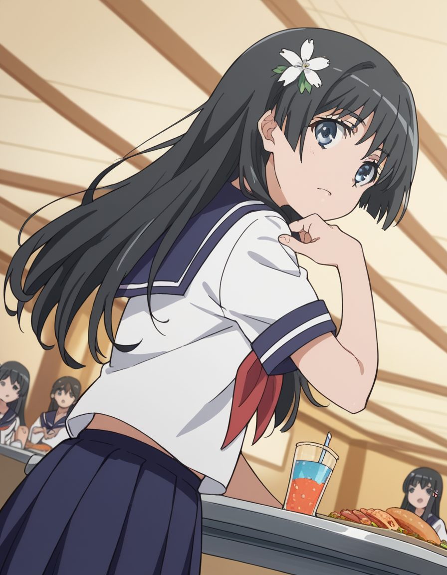 score_9, score_8_up, score_7_up, source_anime, <lora:saten-ruiko-s3-ponyxl-lora-nochekaiser:1>, saten ruiko, black hair, blue eyes, long hair, hair ornament, flower ornament,, blue skirt, pleated skirt, sakugawa school uniform, school uniform, serafuku, skirt, summer uniform,, restaurant, laughter, good food, warm lighting, celebration, , , foot forward, hand on shoulder, elbow out, solo,, cowboy shot, dutch angle