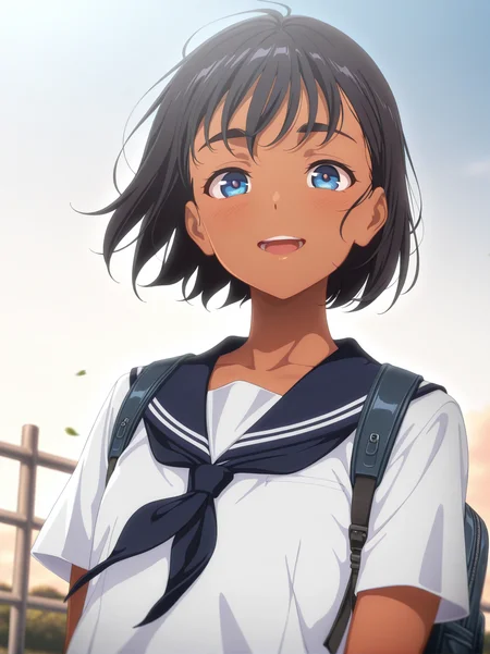masterpiece,best quality,amazing quality,
solo, m10_kofune, m10_kofune, short hair, black hair, blue eyes, dark-skinned female, school uniform, sailor collar, short sleeves, upper body, backpack, smile, open mouth, looking at viewer, wind, theobrobine,