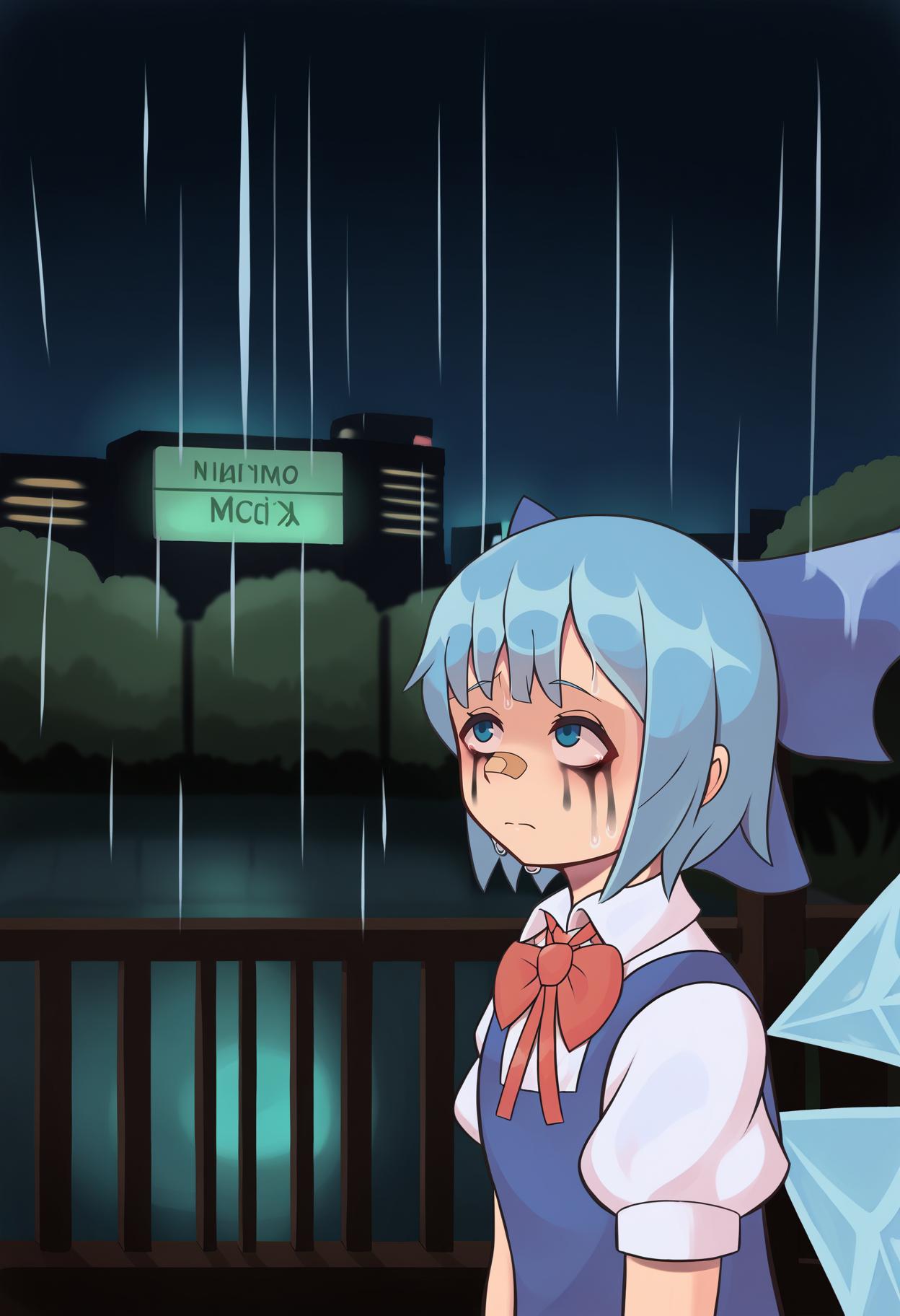 score_9, best quality, masterpiece, uncensored, source_anime
BREAK
1girl, solo, short hair, bangs, blue eyes, shirt, dress, bow, ribbon, closed mouth, blue hair, white shirt, upper body, short sleeves, hair bow, wings, puffy sleeves, collared shirt, bowtie, blue bow, red ribbon, puffy short sleeves, wet, neck ribbon, blue dress, blue bow, red bowtie, bandaid, rain, ice, bandaid on face, ice wings, sad, cirno, outdoors, night, neon, standing, cyberpunk, ruined makeup, from side