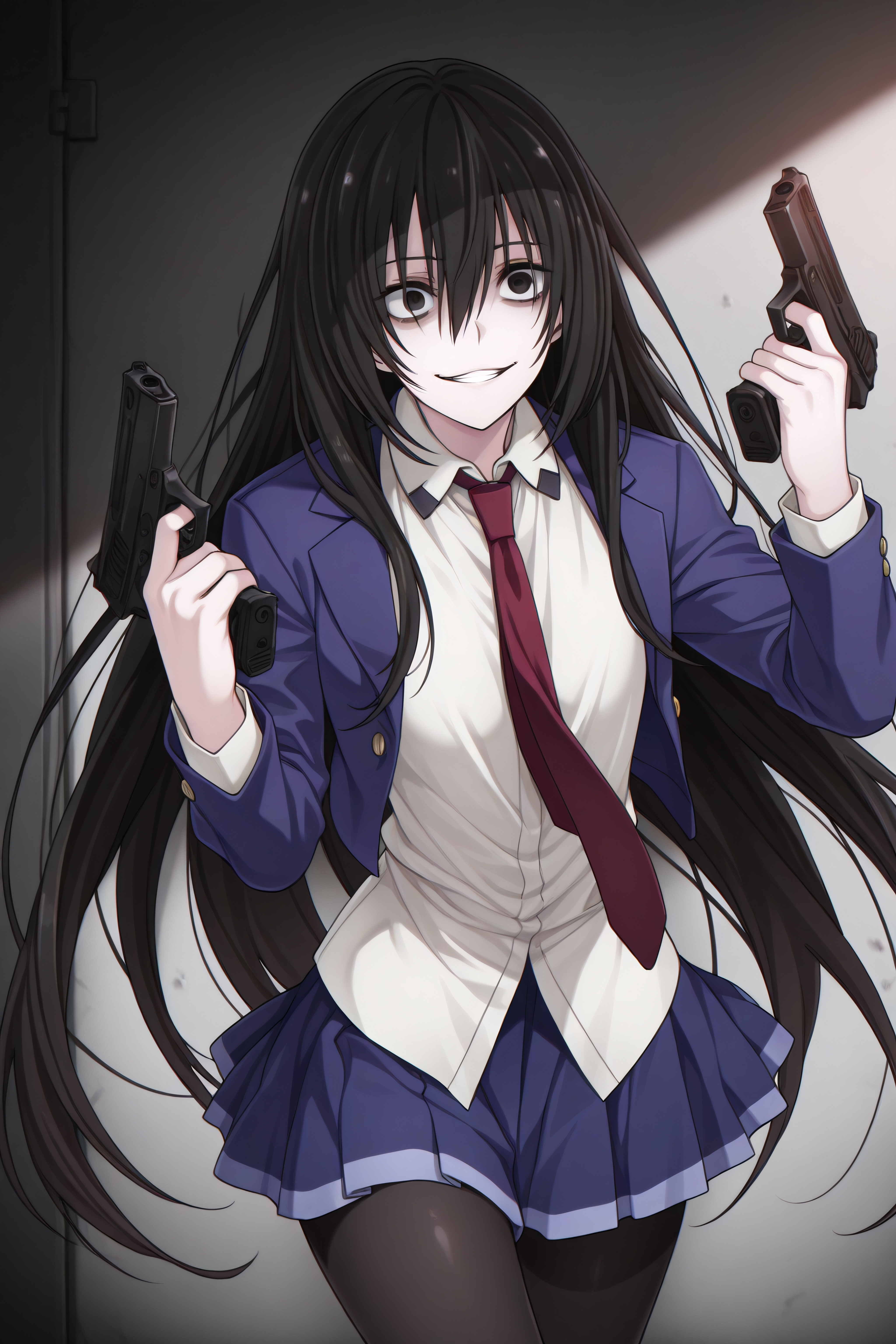 masterpiece, best quality, <lora:Kirukiru Amou-Illustrious-lora-Faxtron:1> kirukiru amou, black eyes, black hair, long hair, cropped blue blazer, white shirt, red necktie, blue skirt, black pantyhose, 
 <lora:DanielRadcliffeHoldingTwoGunsMeme_pdxl_Incrs_v1:1> handgun, holding gun, holding weapon, dual wielding, finger on trigger, smile, grin, crazy eyes,